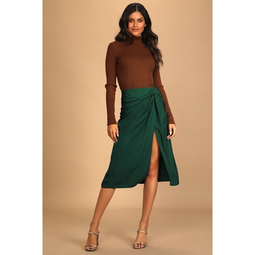 Lulus Always A Twist Emerald Green Satin Twist Front Midi Skirt - Size XS